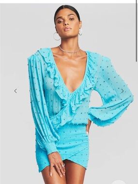 Retrofete Lennon Turquoise Ruffle Wrap Mini Dress